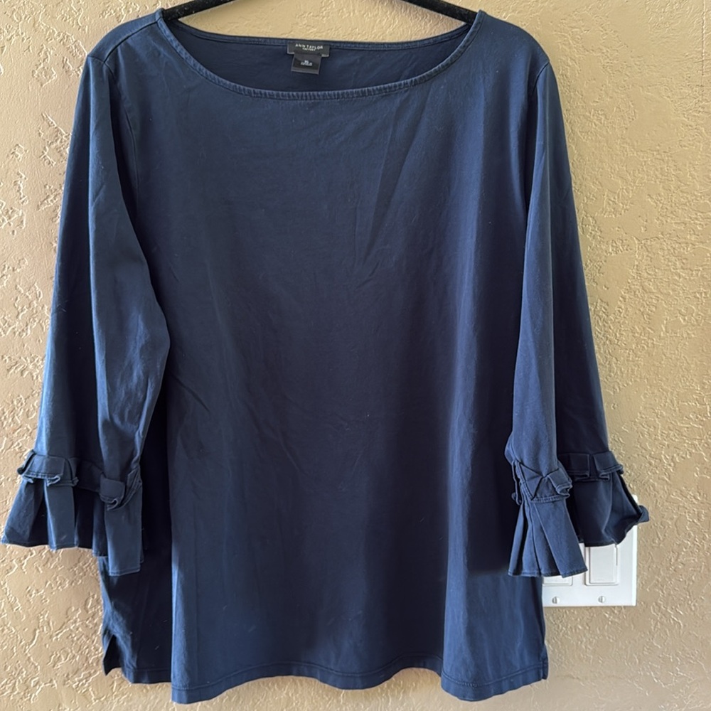 Ann Taylor Women’s Cotton Crew Neck Tunic Ruffles 3/4 Sleeves Navy Size XL